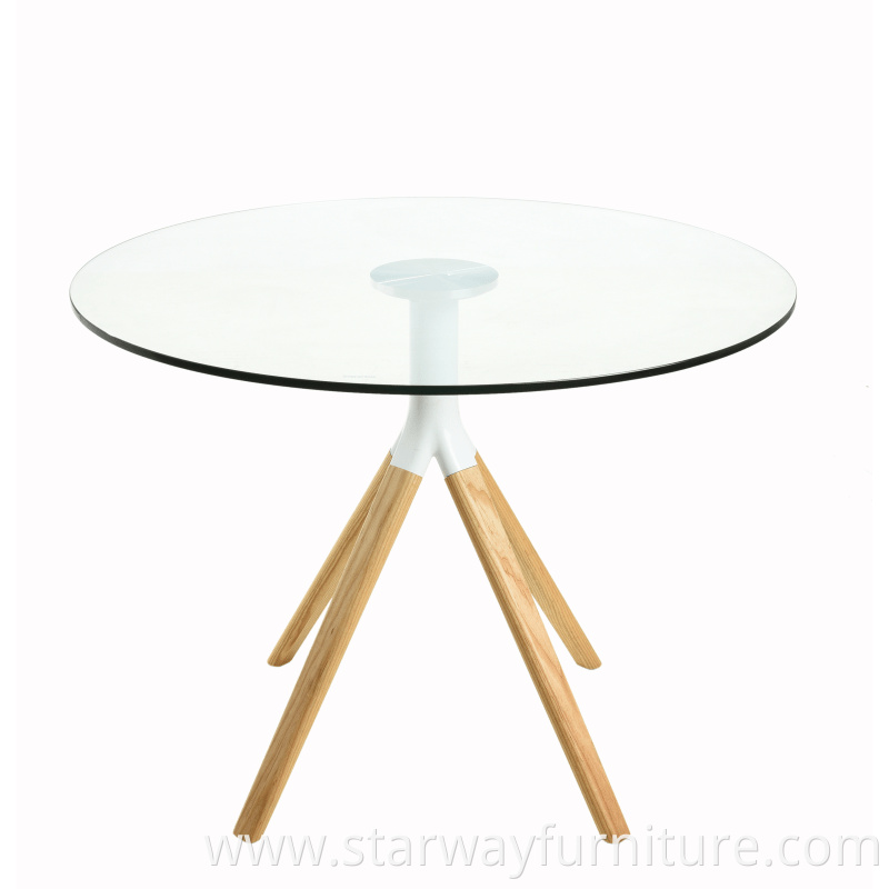 Modern dining table tempered glass top round table with wood leg for room furniture